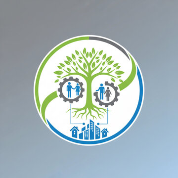 Green tree logo with human silhouettes in gears and blue city skyline representing sustainable urban development and community growth
