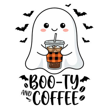 Cute ghost character holding an iced coffee cup with buffalo plaid sleeve surrounded by flying bats and coffee beans with text boo-ty and coffee on a white background