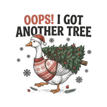 Goose wearing a red and white patterned christmas sweater and santa hat carrying a decorated christmas tree with text oops i got another tree on a white background