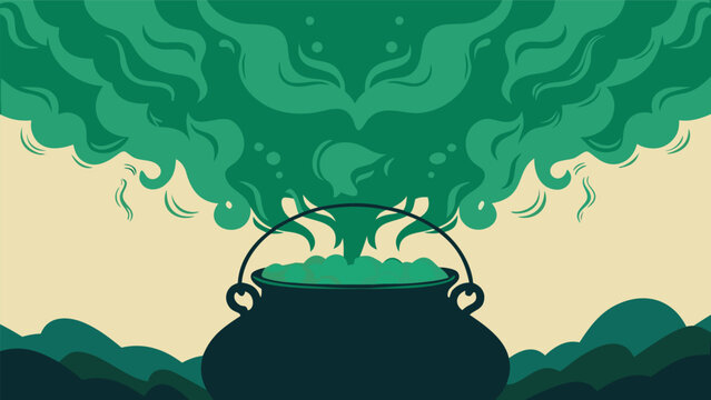 Green magic potion cauldron smoke steam vector retro illustration background with cauldron illustration background witchcraft halloween mystical abstract silhouette backdrop