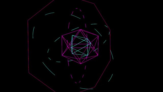 Abstract geometric shape evolving with neon lines in dark space with subtle camera zoom out