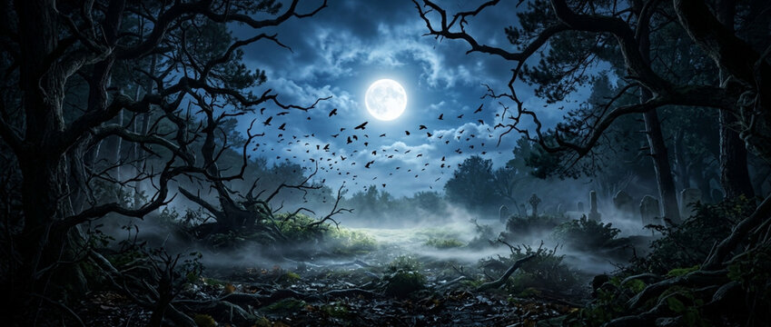 Mysterious moonlit forest, flock of birds flying, ethereal fog, spooky atmosphere