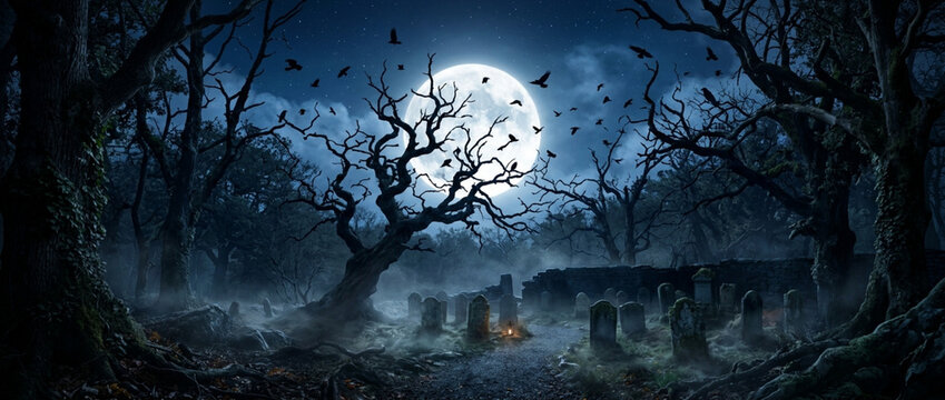 Spooky Cemetery at Night: Full Moon, Fog, Dead Trees, and Crows