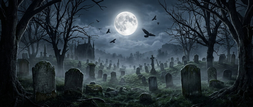 Spooky Cemetery at Night with Full Moon and Crows