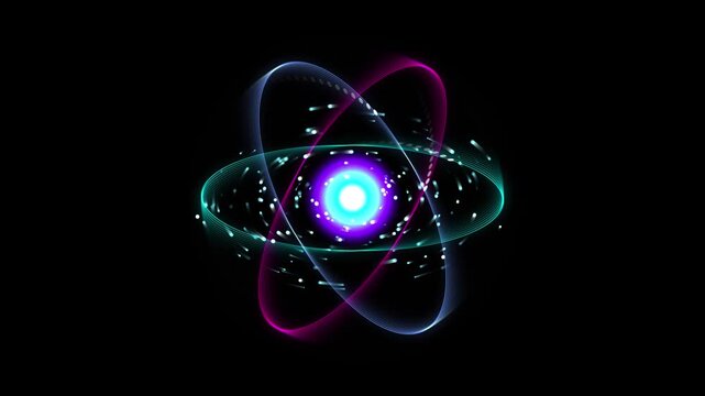 Abstract science background with glowing core and spinning atomic particles over black space backdrop loop.