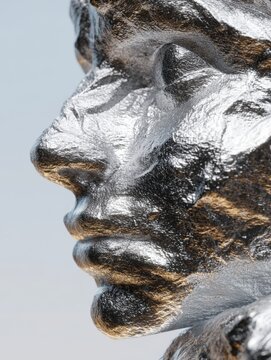 Sculpture of a human face made of silver material against a light background