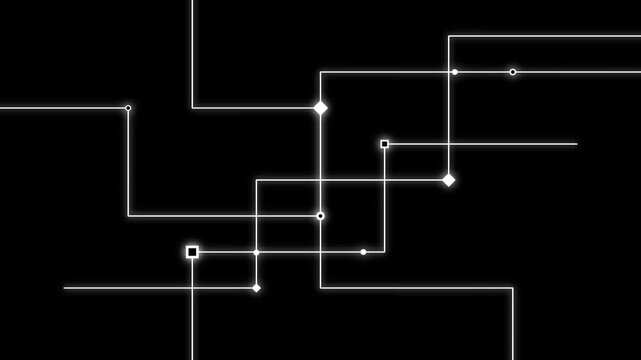 Abstract white digital circuit lines moving on black background as animated tech map or mainframe connection.