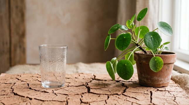 Moist glass cup sits beside a vibrant green houseplant on parched cracked dry earth surface