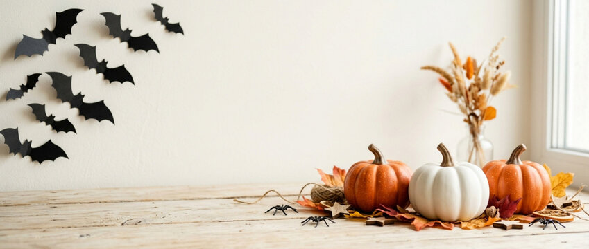 Halloween Autumn Decor: Pumpkins, Bats, and Fall Leaves on Rustic Table