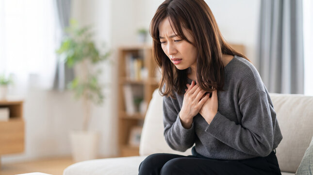 胸を押さえてパニック発作で過呼吸を起こす女性
