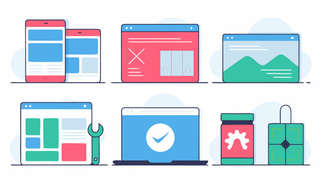 Wireframes featuring website layouts, mobile screens, and dashboard interfaces displayed in a colorful flat style.