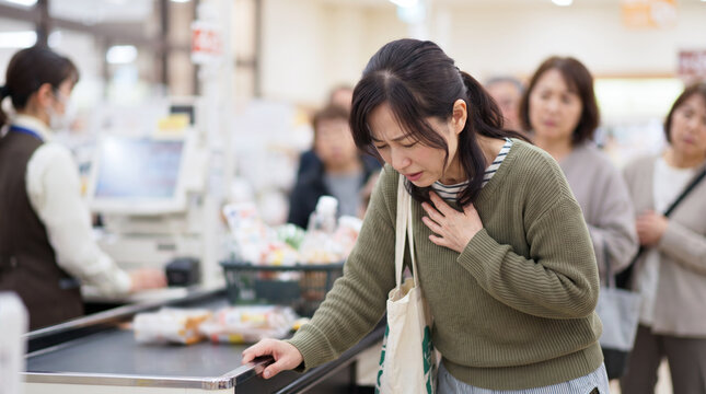 スーパーのレジでパニック発作を起こし胸を押さえる女性