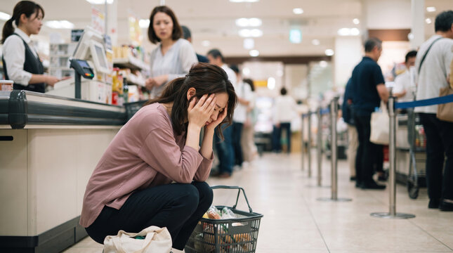 スーパーでパニック発作を起こし蹲る女性と不安障害のイメージ
