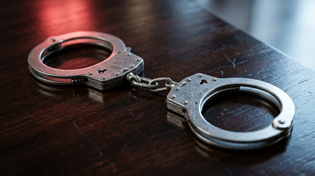 Close-up of metallic handcuffs on a wooden surface with red light reflection
