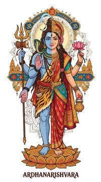 Ardhanarishvara Hindu Deity Vector Illustration Isolated on Transparent Background