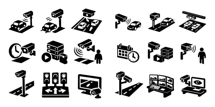 Traffic monitoring and vehicle detection icon set with speed capture lane tracking and motion sensing for dashboard design in isometric vector art