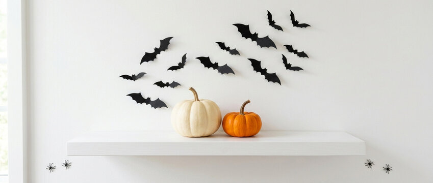 Halloween decoration: Pumpkins and bats on wall, festive decor, minimal setup