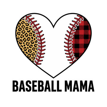 Baseball mama heart shape featuring a baseball stitch pattern, with one half in leopard print and the other half in red and black buffalo plaid, isolated on a white background