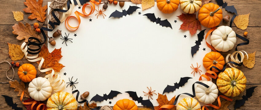 Halloween Decorative Border with Pumpkins, Bats, and Autumn Leaves