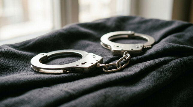 Close-up of Metal Handcuffs on Dark Fabric, Symbol of Justice, Arrest, Crime