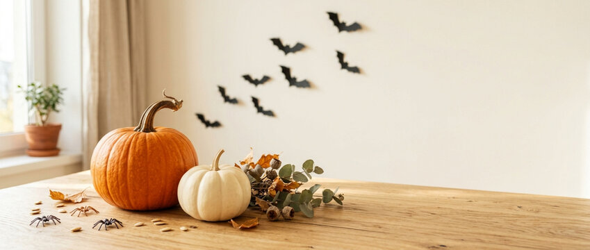 Halloween pumpkins and bats decor on wooden table with autumn leaves