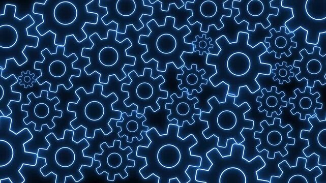 Gear pattern animation rotates with mechanical cog wheels on dark. Automated industrial engineering routes through the gear pattern. Machine manufacturing drives this active gear pattern.