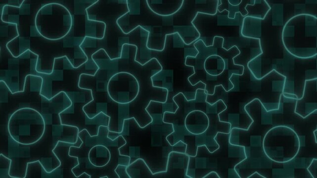 Technology background animation displays rotating mechanical gears. Industrial engineering workflows operate on the technology background. Automated mechanical power drives the background.