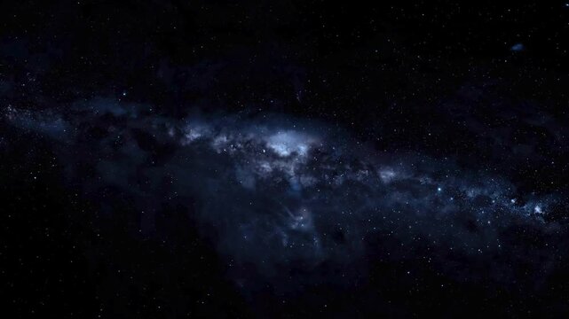 Milky Way galaxy animation drifts with celestial star clusters on dark. Cosmic nebula dust shines inside this scenic Milky Way galaxy. Astronomical space exploration captures the galaxy.