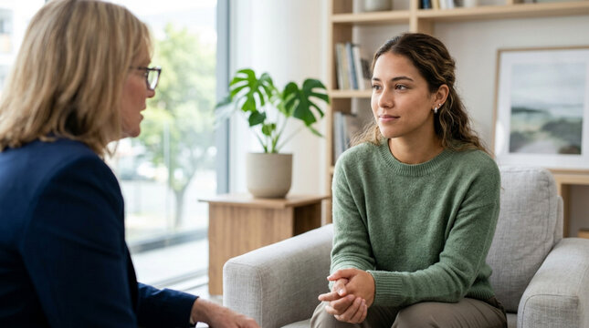Therapy session: Young woman confides in therapist, receiving support in cozy office