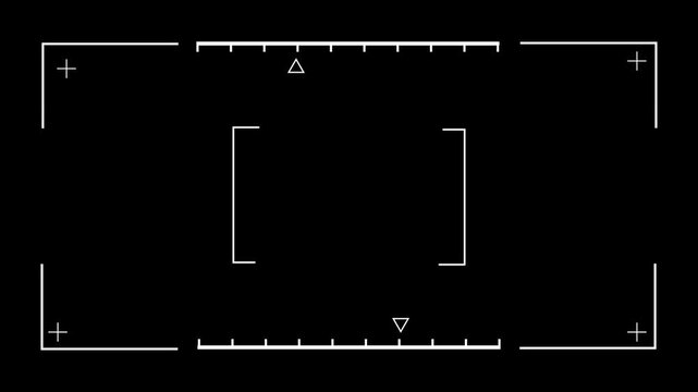 Viewfinder frame animation outlines camera recording boundaries. Modern digital cinematography overlays shape the viewfinder frame. Professional video production uses this active frame.