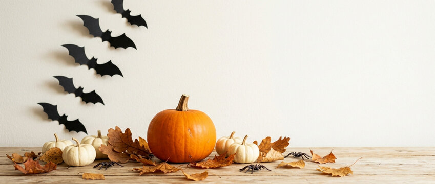 Halloween pumpkins, black bats, spiders, and autumn leaves on a wooden surface