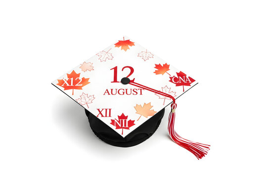 Graduation cap with date 12 august xii isolated on white background