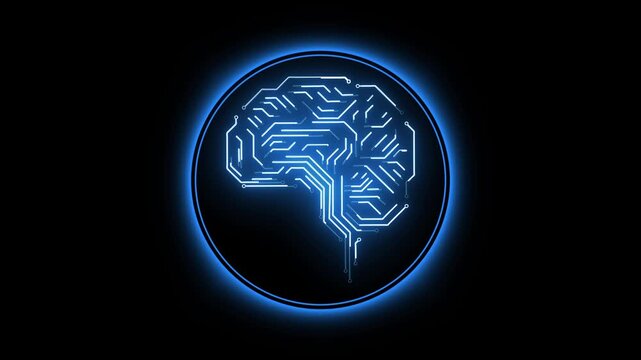Brain symbol animation pulses with neural circuit pathways on dark. Artificial intelligence computing drives the active brain symbol. Machine learning algorithmic data links this brain symbol.