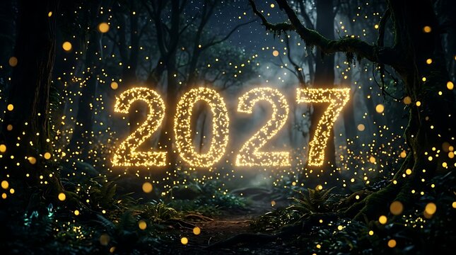 Glowing golden 2027 new year celebration with blurred city lights background