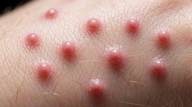 Macro view of skin with multiple molluscum contagiosum bumps. Small, pearly, pinkish papules on human arm or leg skin. Viral skin infection showing visible lesions and pores.