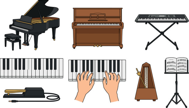 Piano and keyboard instrument vector set featuring grand piano upright model synthesizer hands playing keys metronome and music sheet stand