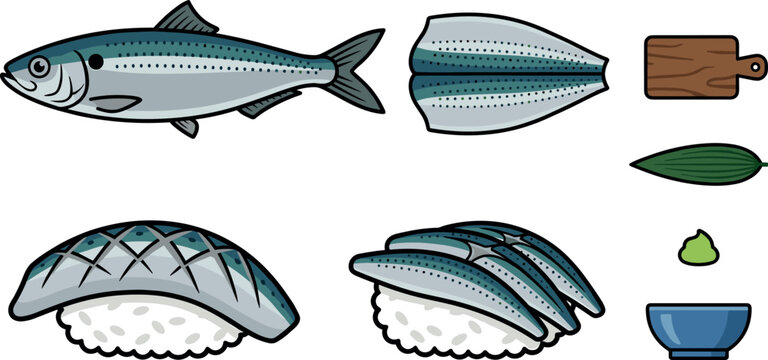 Vector collection of sardine or mackerel fish sushi featuring nigiri sushi fillet wooden board wasabi and soy sauce isolated on white background