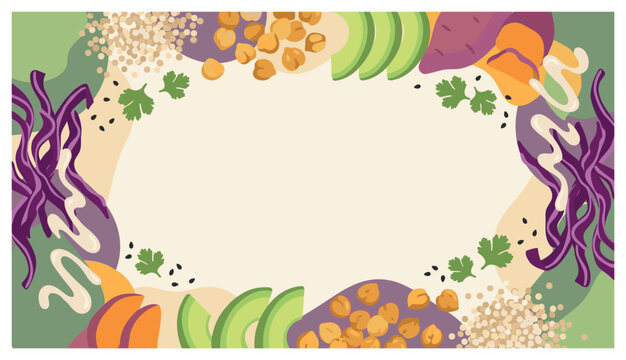 Food and vegetable background design with eggplant cucumber and beans for packaging design in flat vector style