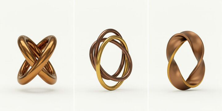 Three interlocking metallic rings in bronze and gold on a white background