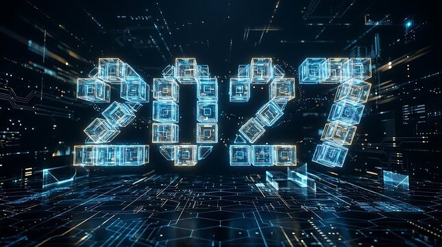 Futuristic new year 2027 digital technology concept with cityscape background