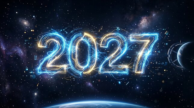 Futuristic glowing 2027 new year design with earth in the background