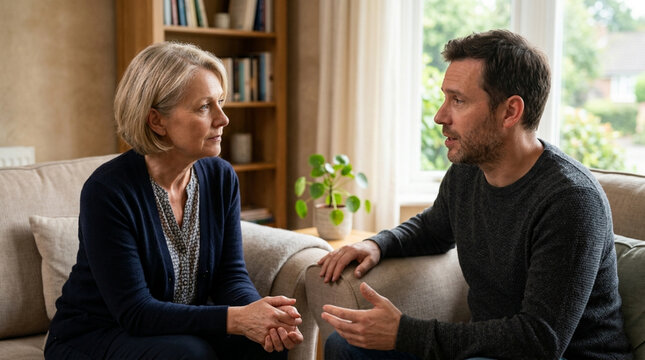 Generational Conversation: Mother and Son Discussing Life at Home