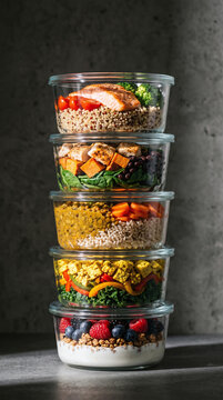 Tower of Stacked Meal Prep Containers with Colorful Balanced Meals on Dark Background