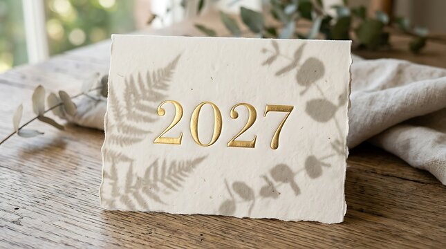 Elegant wedding invitation with gold foil lettering and botanical background