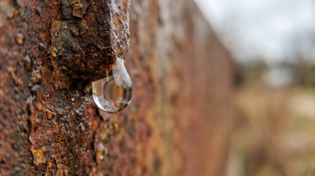 Clear water drop hanging on rusty iron metal surface in macro closeup with copy space