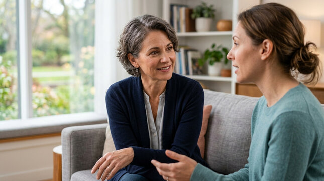 Two women talking on sofa, sharing conversation and connection