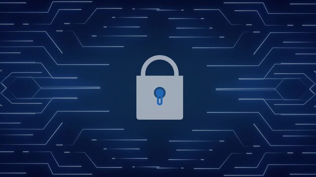 Digital padlock animation displays encrypted cybersecurity data on dark. Network data privacy protection clears through digital padlock. System access authorization validates on this padlock.