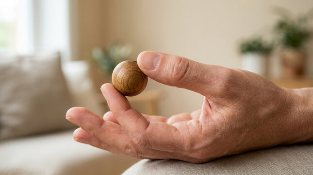 Hand holding zen meditation ball, mindful relaxation, indoor serenity