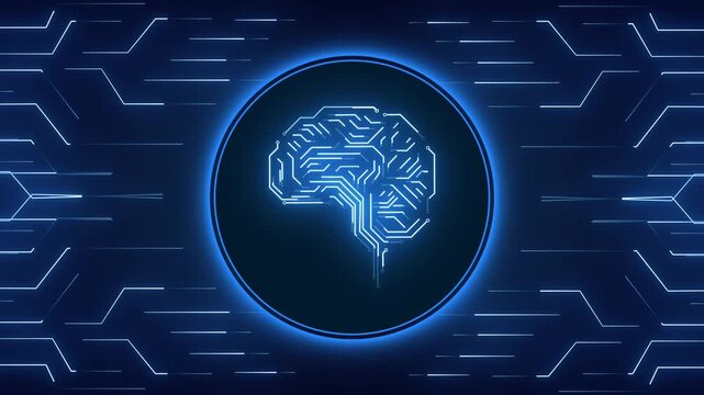 Brain circuit animation pulses with artificial intelligence data paths. Machine learning neural computing guides this active brain circuit. Advanced cyber processor hardware drives the brain circuit.