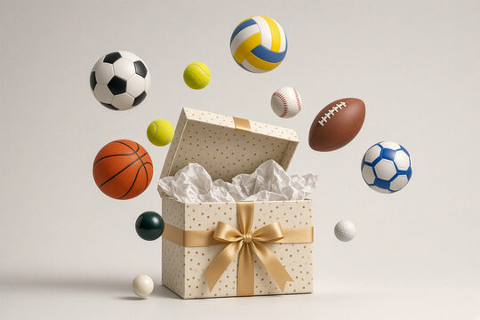Open gift box with sports balls flying out